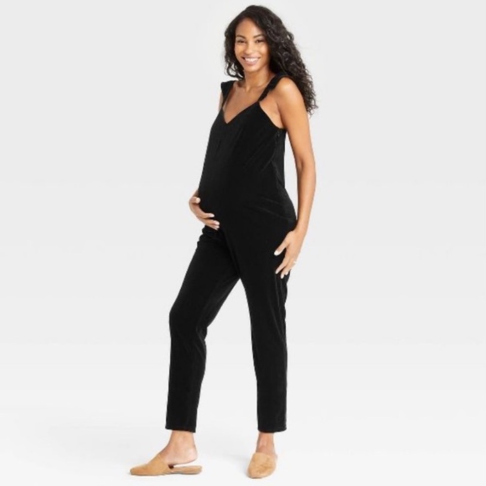 The Nines by HATCH™ Flutter Short Sleeve Velvet Maternity Jumpsuit Black